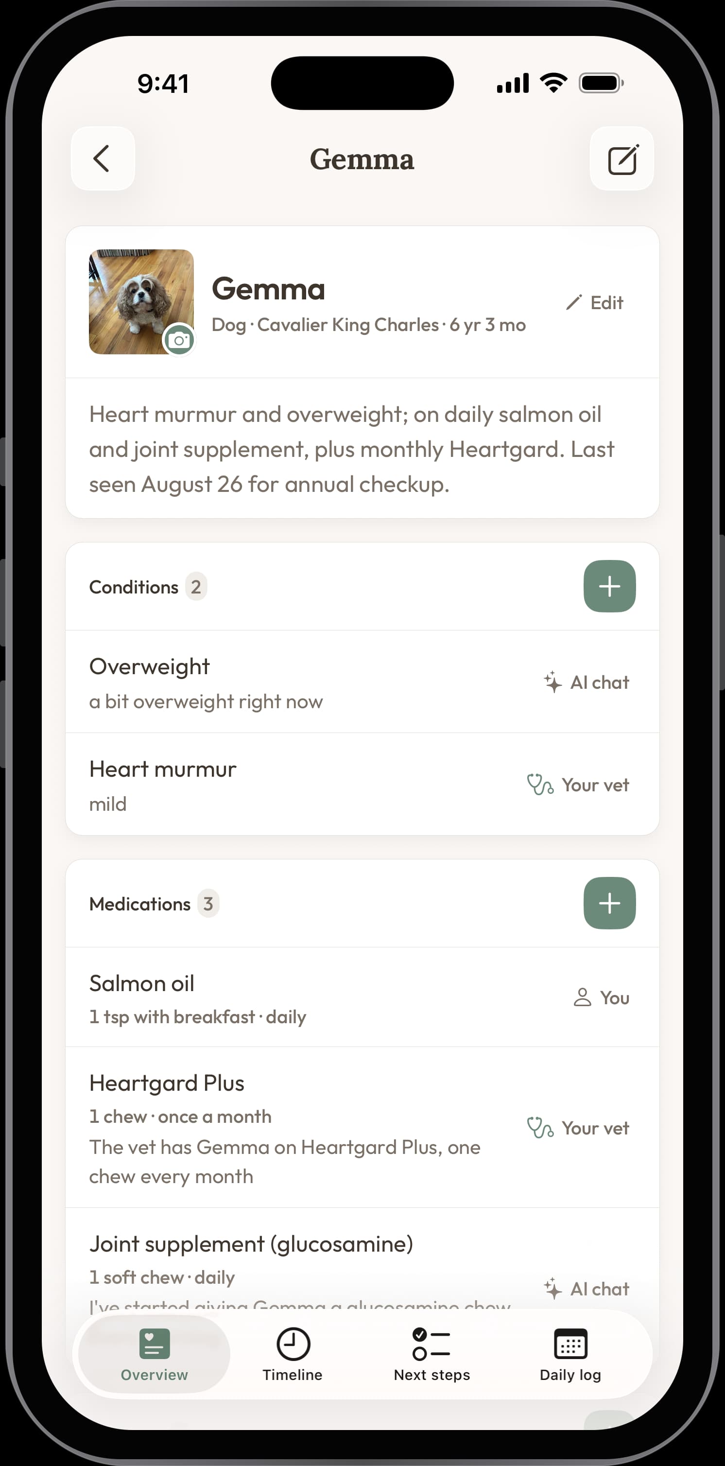 Gemma's health record with conditions and medications